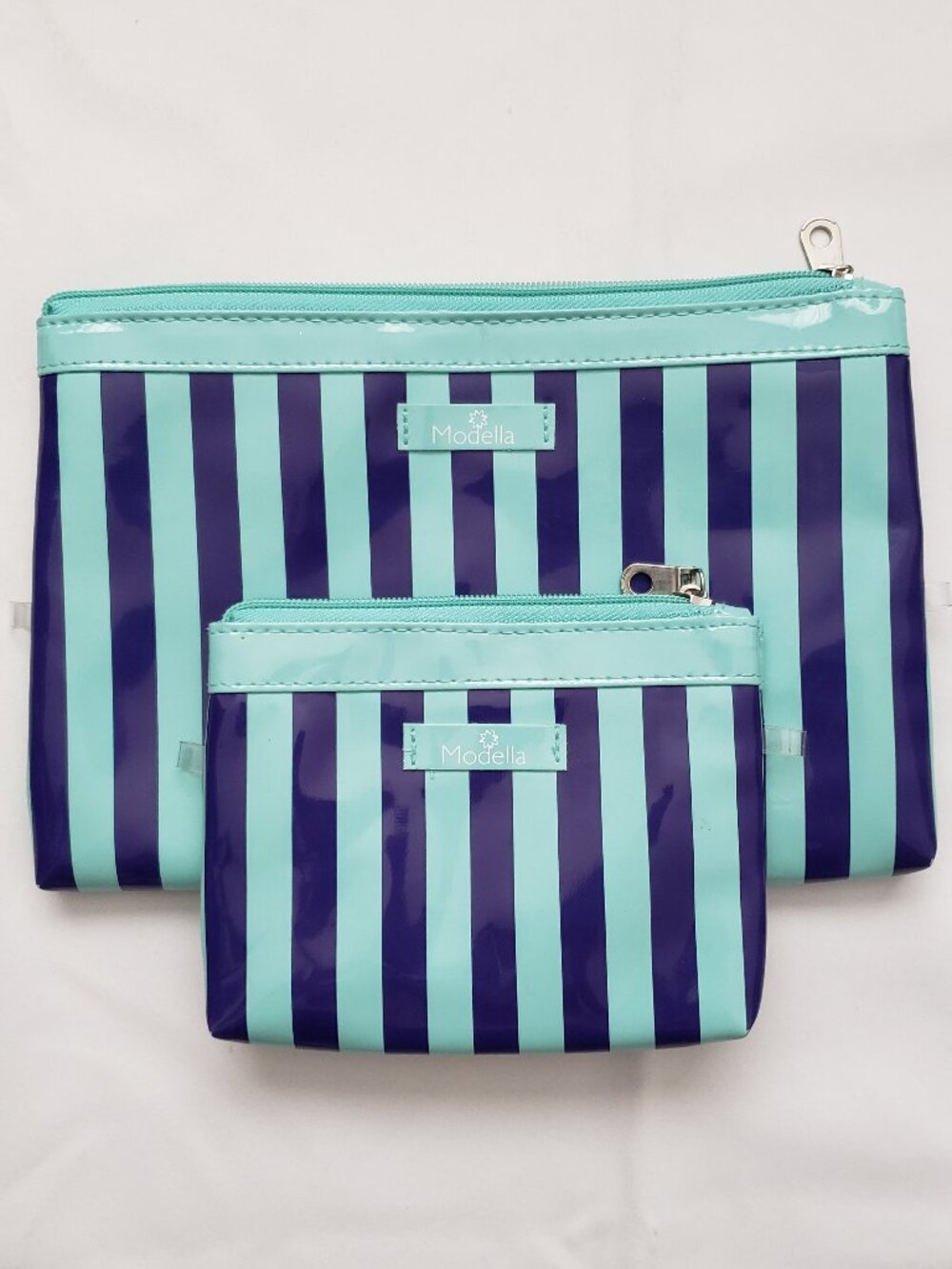 Modella navy & mint stripe travel make up cosmetic matching bag set